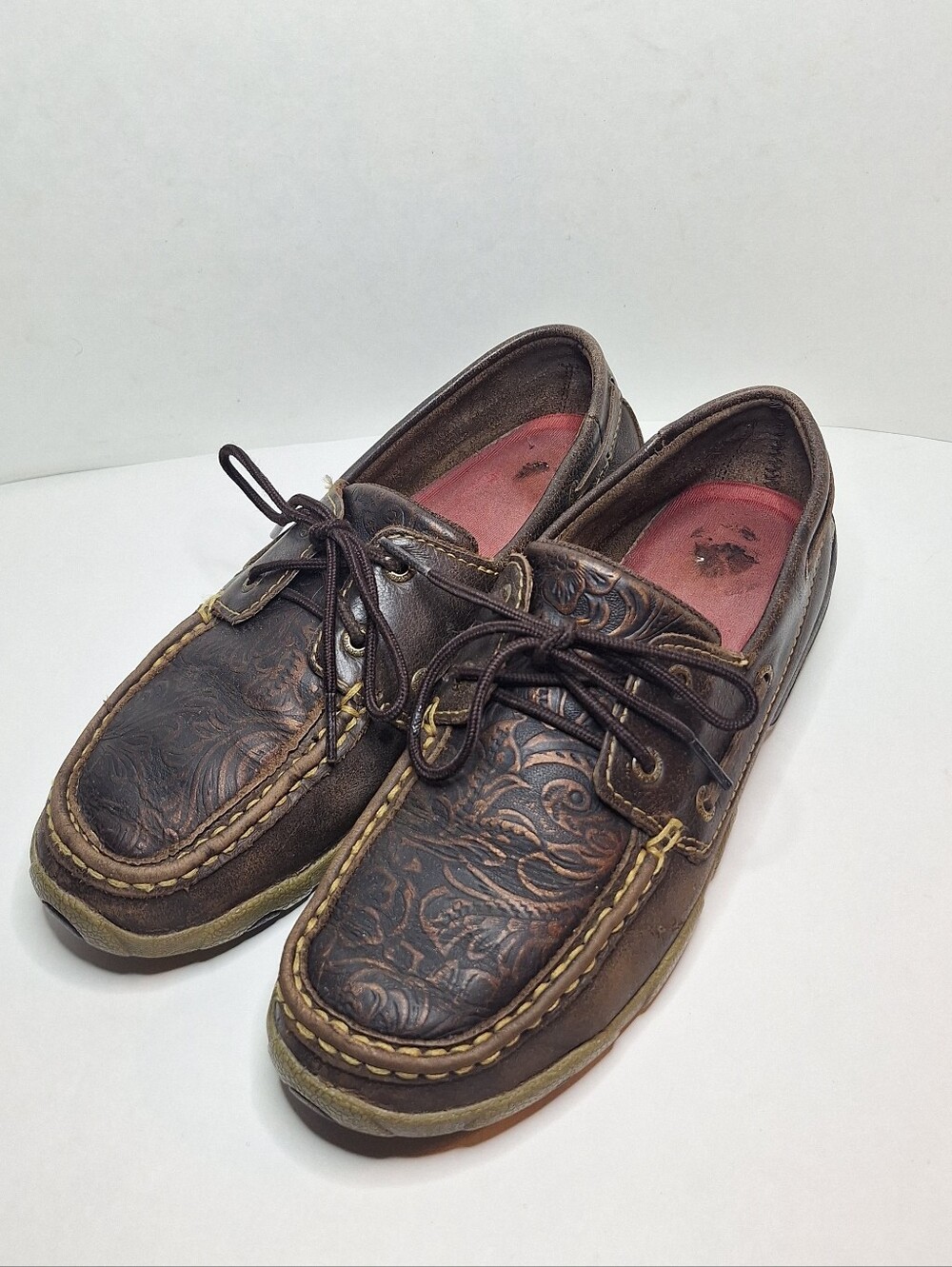 Twisted Distressed Brown Tooled Leather Floral Driving Moccasin Size US 8 M